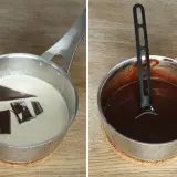 Chokladbitar smälter i grädde, redo för after eight mousse. Sedan en kastrull med färdig chokladsmet.