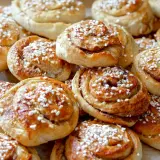 En hög med gyllene kanelbullar, toppade med pärlsocker. Perfekt för fikat, här är ett enkelt kanelbullar recept.