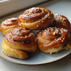 Färska kanelbullar med pärlsocker, perfekta för ett mysigt fika. Ett enkelt bullar recept att prova!