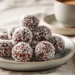 A pile of chocolate balls rolled in shredded coconut on a plate, with a cup of coffee in the background.