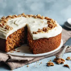 Saftig morotskaka med krämig frosting och valnötter. Denna variant är bakad med smör istället för olja för extra god smak.