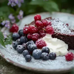 En bit kladdkaka tårta med grädde och färska bär, pudrad med florsocker. Vackert upplagd utomhus bland blommor.