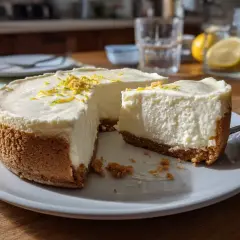 En krämig cheesecake utan ugn, toppad med citronskal. Perfekt för en varm sommardag!