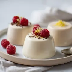 Tre krämiga vispad pannacotta med hallon och citronskal på en ljusgrå tallrik.
