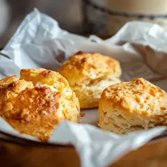Tre gyllene scones i airfryer, perfekt fluffiga och redo att avnjutas.