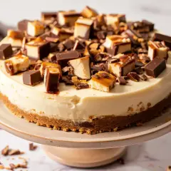 En krämig daim cheesecake toppad med bitar av choklad och karamell. En dröm för alla som älskar daim.