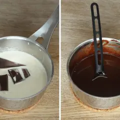 Chokladbitar smälter i grädde, redo för after eight mousse. Sedan en kastrull med färdig chokladsmet.