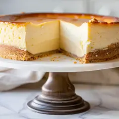 En krämig new york cheesecake med karamelliserad yta, serverad på ett marmorfat.