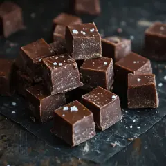 En hög med mörka chokladfudgebitar, toppade med flingsalt, ligger på en mörk yta.