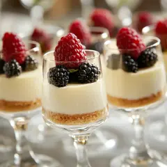 Flera glas med krämig cheesecake i glas, toppad med färska hallon och björnbär. En festlig dessert!