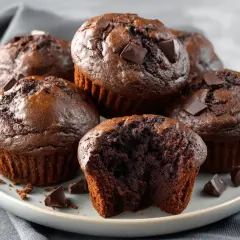 Muffins med kakao och chokladbitar, redo att avnjutas. Perfekt för den som vill baka med kakao.