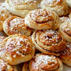 En hög med gyllene kanelbullar, toppade med pärlsocker. Perfekt för fikat, här är ett enkelt kanelbullar recept.
