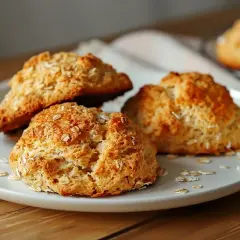 Gyllene scones med havregryn på en vit tallrik, redo att avnjutas.
