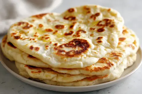 En hög med fluffigt, gyllene naanbröd, perfekt för ditt nästa naan recept. Smält smör glänser på toppen.