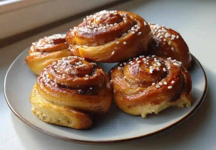 Färska kanelbullar med pärlsocker, perfekta för ett mysigt fika. Ett enkelt bullar recept att prova!