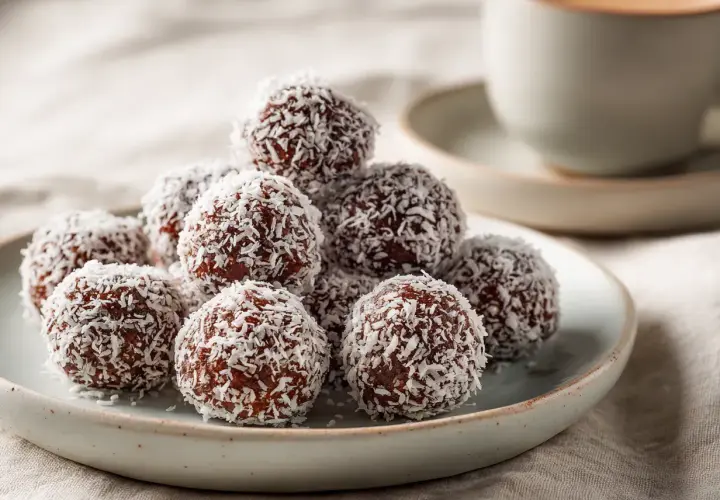 A pile of chocolate balls rolled in shredded coconut on a plate, with a cup of coffee in the background.
