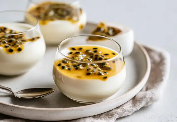 Tre glas med krämig pannacotta toppad med passionsfrukt. En härlig kombination av pannacotta smaker.