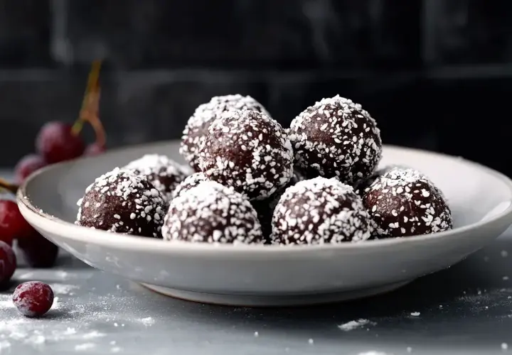 En skål med lyxiga chokladbollar, rullade i kokos. Körsbär ligger bredvid.