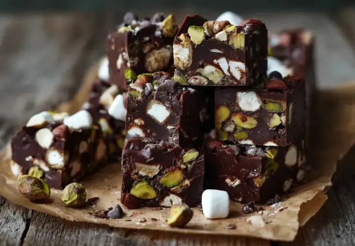 Chokladbitar med nötter och marshmallows, en härlig rocky road-fudge.