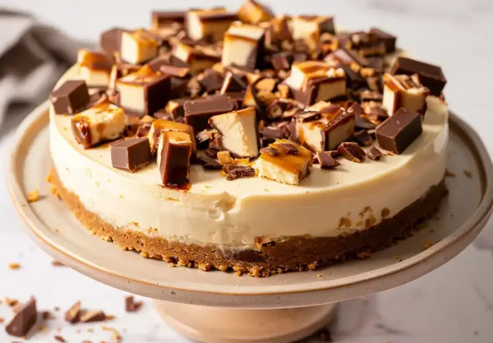 En krämig daim cheesecake toppad med bitar av choklad och karamell. En dröm för alla som älskar daim.