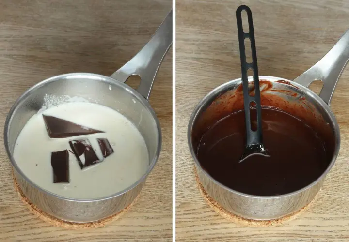 Chokladbitar smälter i grädde, redo för after eight mousse. Sedan en kastrull med färdig chokladsmet.