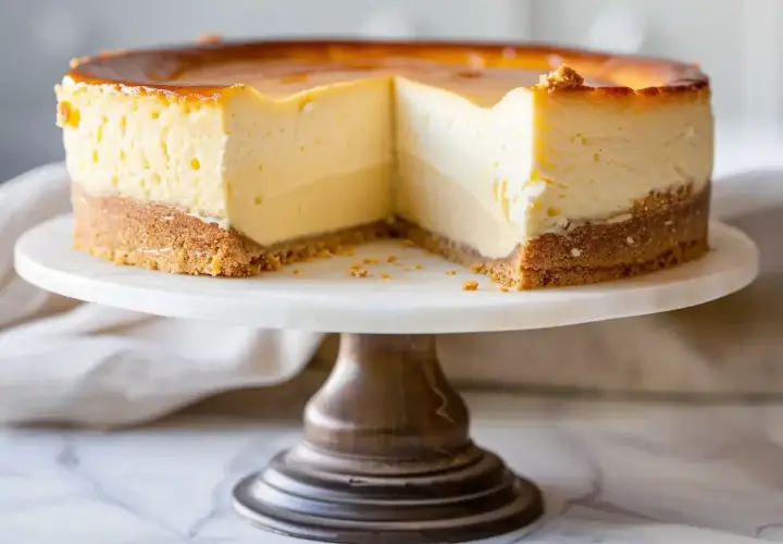En krämig new york cheesecake med karamelliserad yta, serverad på ett marmorfat.