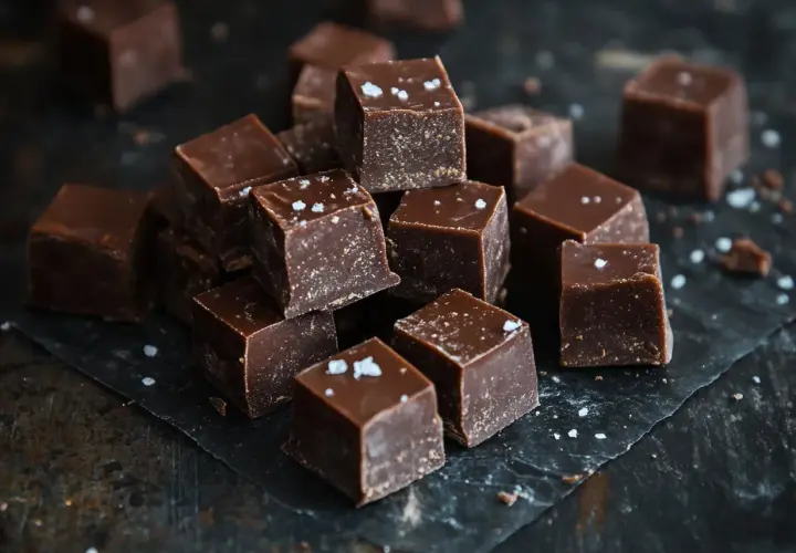 En hög med mörka chokladfudgebitar, toppade med flingsalt, ligger på en mörk yta.