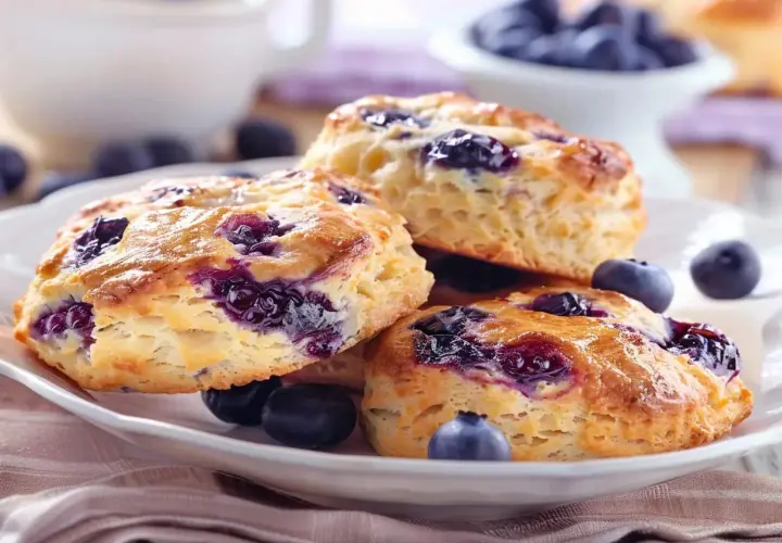 Tre klassiska scones med blåbär på en vit tallrik, med färska blåbär runt om. Perfekt till fikat!