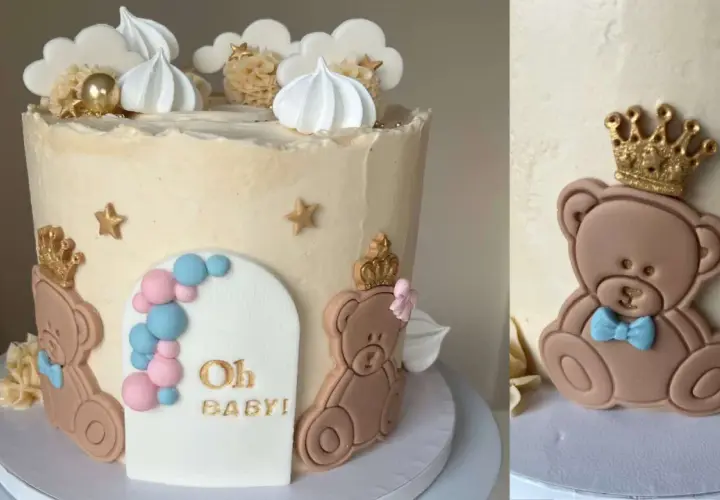 Söt gender reveal tårta med nallebjörnar, moln och stjärnor. Perfekt för ett "gender reveal tårta recept" firande!