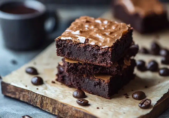 En stapel fudgiga brownies med kaffebönor och en kopp kaffe. Perfekt för att baka med kaffe!