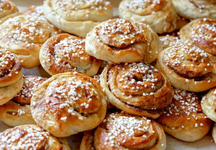 En hög med gyllene kanelbullar, toppade med pärlsocker. Perfekt för fikat, här är ett enkelt kanelbullar recept.