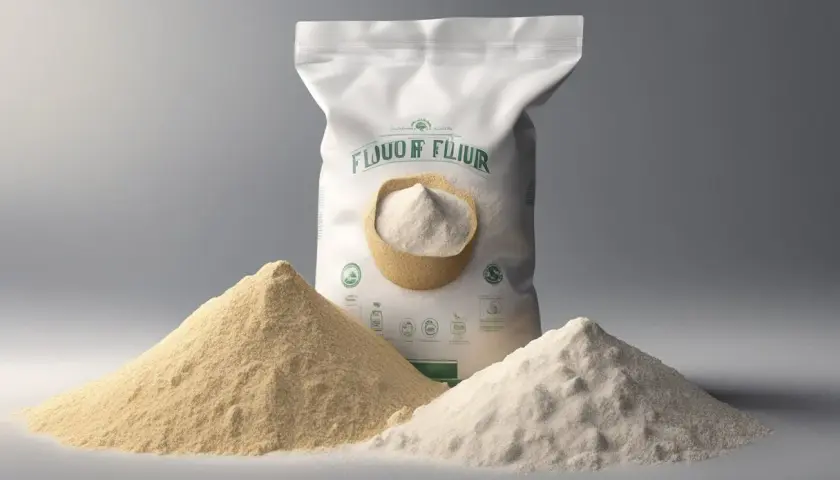 En stor säck med mjöl står bakom tre högar av olika mjölsorter. Perfekt för att förvara mjöl i köket.