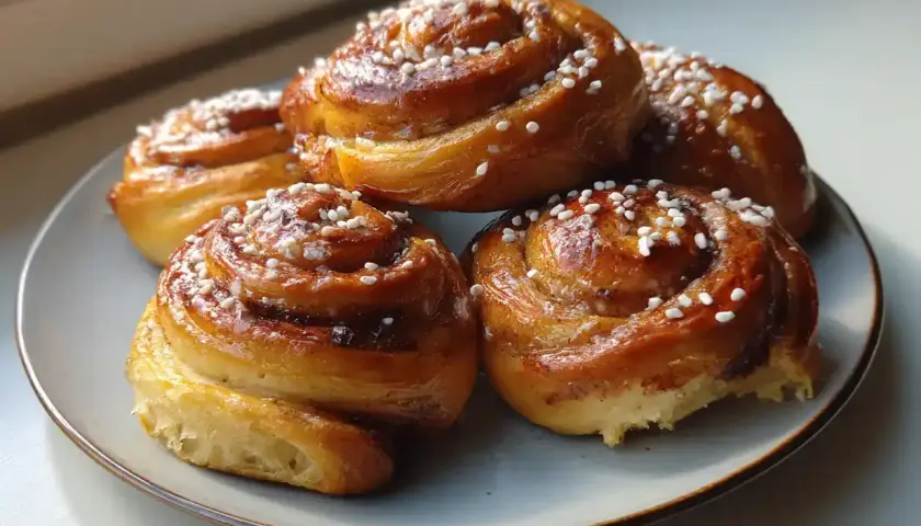Färska kanelbullar med pärlsocker, perfekta för ett mysigt fika. Ett enkelt bullar recept att prova!