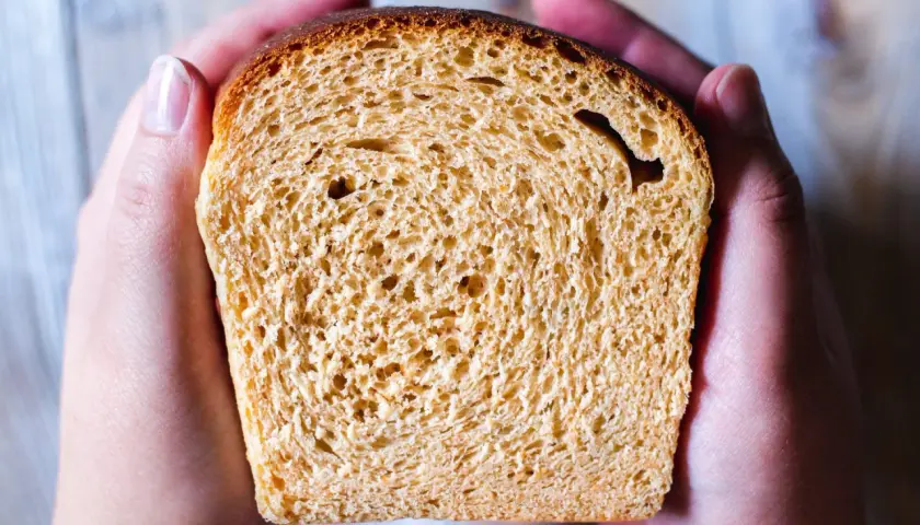 En skiva gyllene sirapslimpa, perfekt för ett gott sirapslimpa recept. Hålls varsamt i händerna.