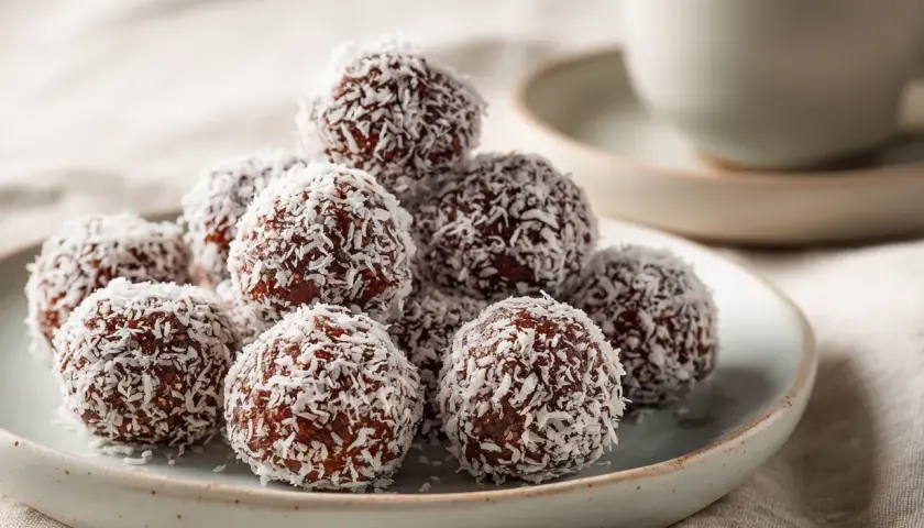 A pile of chocolate balls rolled in shredded coconut on a plate, with a cup of coffee in the background.