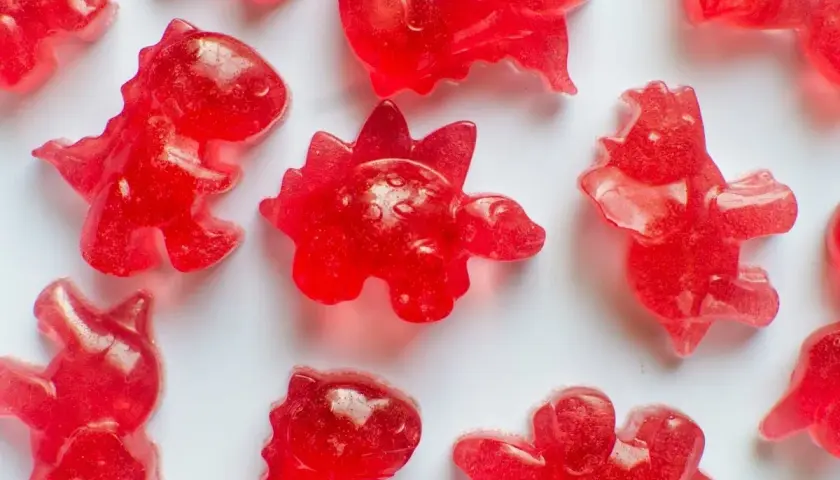 Röda dinosauriegummi, perfekta för ett roligt godis recept. Dessa små dinosaurier är redo att ätas!