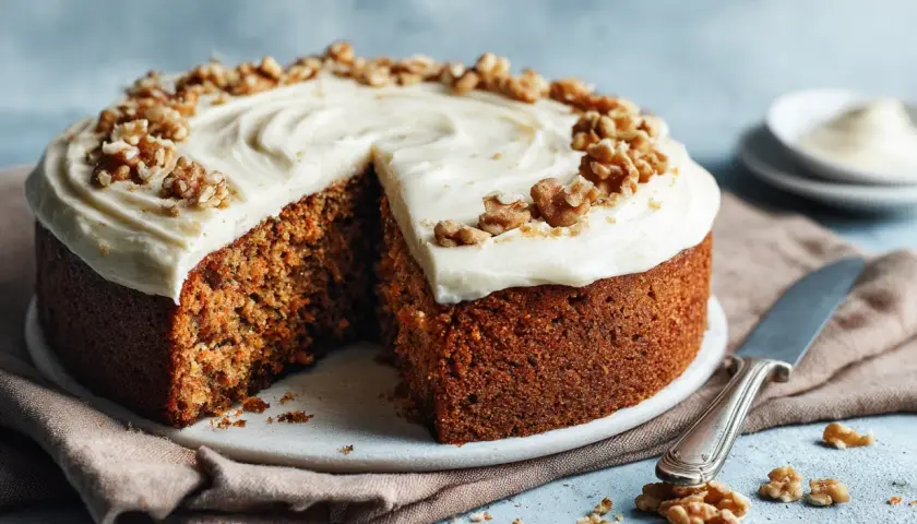 Saftig morotskaka med krämig frosting och valnötter. Denna variant är bakad med smör istället för olja för extra god smak.