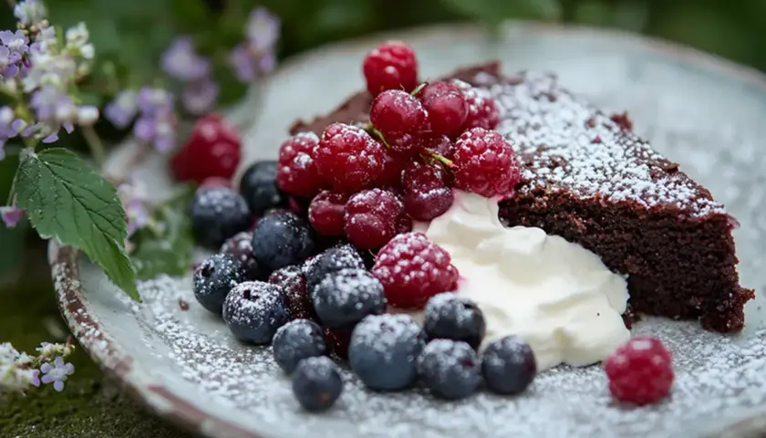 En bit kladdkaka tårta med grädde och färska bär, pudrad med florsocker. Vackert upplagd utomhus bland blommor.