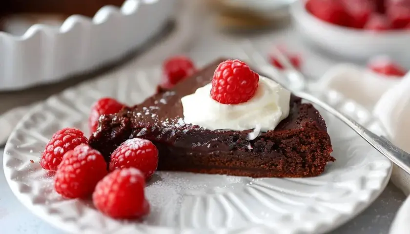 En bit kladdkaka med grädde och hallon på en vit tallrik. Perfekt för att förvara kladdkaka till senare.