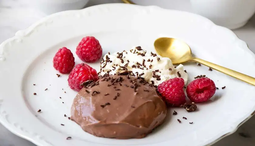 En krämig chokladpudding med hallon och vispad grädde, perfekt för ett enkelt chokladpudding recept.