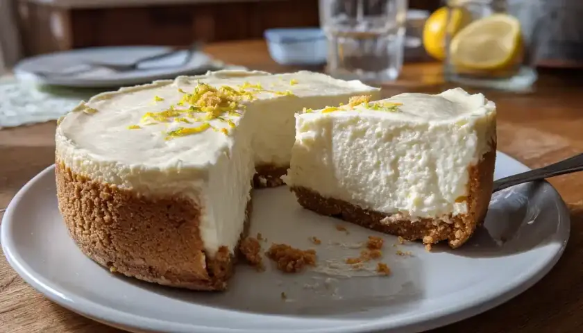 En krämig cheesecake utan ugn, toppad med citronskal. Perfekt för en varm sommardag!