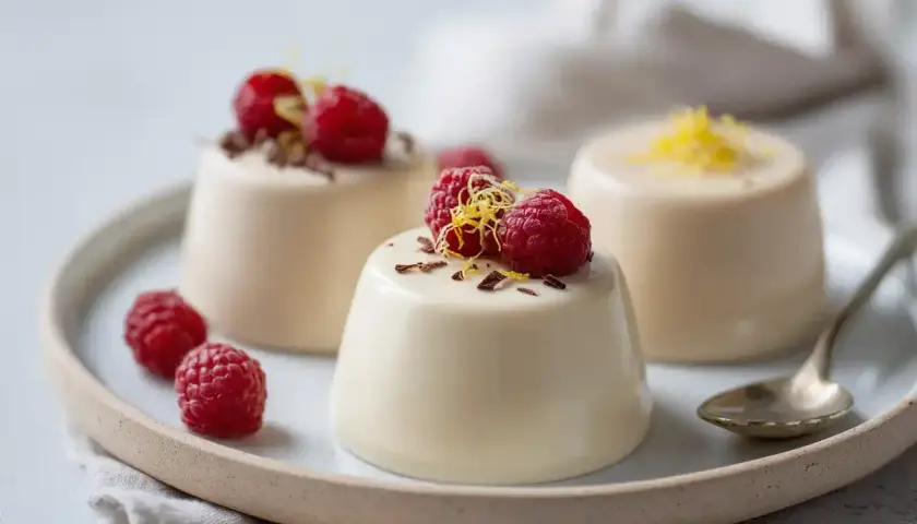Tre krämiga vispad pannacotta med hallon och citronskal på en ljusgrå tallrik.