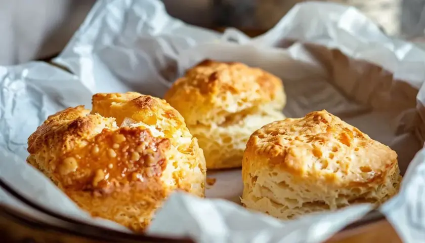 Tre gyllene scones i airfryer, perfekt fluffiga och redo att avnjutas.