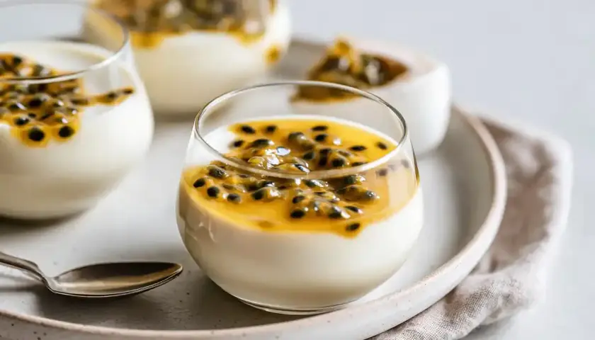 Tre glas med krämig pannacotta toppad med passionsfrukt. En härlig kombination av pannacotta smaker.