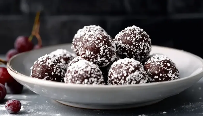 En skål med lyxiga chokladbollar, rullade i kokos. Körsbär ligger bredvid.