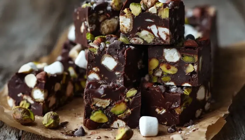 Chokladbitar med nötter och marshmallows, en härlig rocky road-fudge.