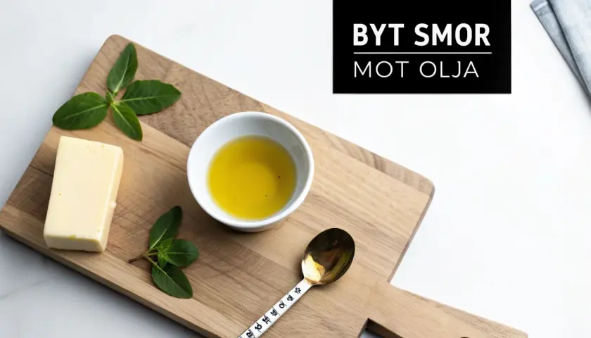 En bit smör, en skål med olja och färska örter på en träskärbräda. Texten "Byt smör mot olja" antyder att man kan använda olja istället för smör i kakor.