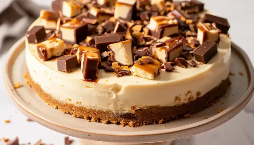 En krämig daim cheesecake toppad med bitar av choklad och karamell. En dröm för alla som älskar daim.