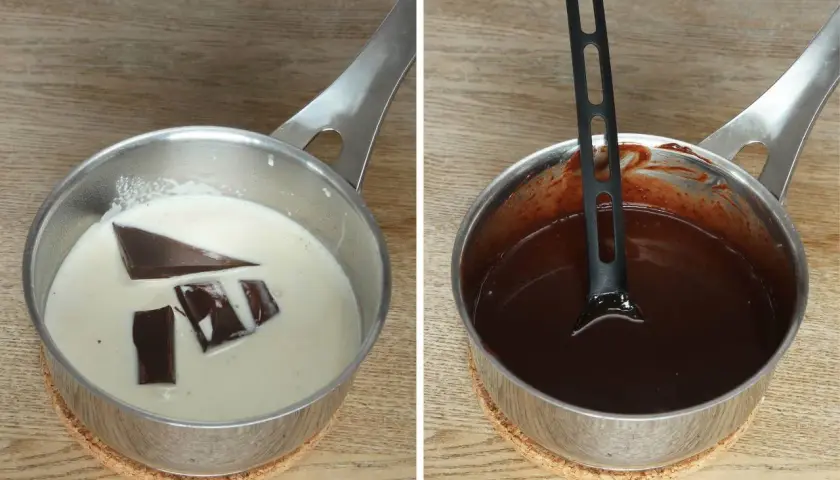 Chokladbitar smälter i grädde, redo för after eight mousse. Sedan en kastrull med färdig chokladsmet.