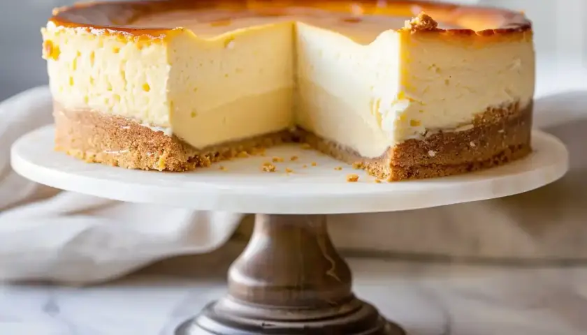En krämig new york cheesecake med karamelliserad yta, serverad på ett marmorfat.